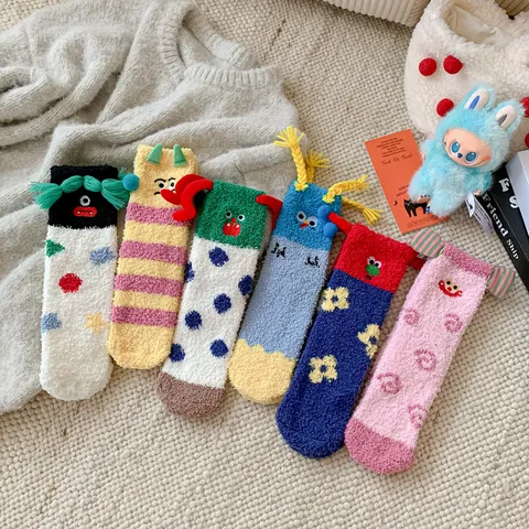 Women Winter Warm Coral Fleece Sleep Socks Cute Cartoon Embroidered Clown Mid Tube Floor Socks Casual Home Hosiery