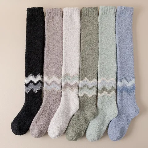 Men Over The Knee Coral Fleece Socks Winter Thickened Warm Home Sleeping Floor Socks Striped Long Thermal Stockings