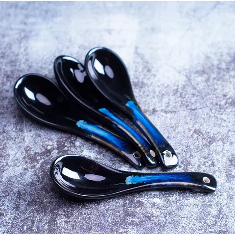 Japanese Style Ceramic Soup Spoon Creative Kiln-Changed Blue Long Handle Ladle For Hotel Household Kitchen Tableware