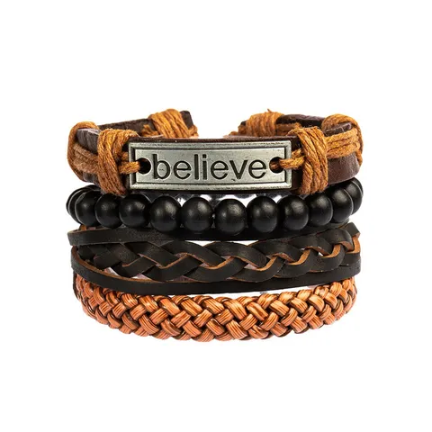 Pulsera de Cuero Trenzado Multicapa Vintage para Hombre Estilo Étnico Aleación Cuentas de Madera Joyería Regalo