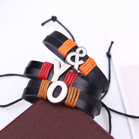 Pulsera de Cuero Trenzado Multicapa DIY Con Abalorio de Letra de Metal Personalizado Creativo Pareja Moda Joyería Regalo
