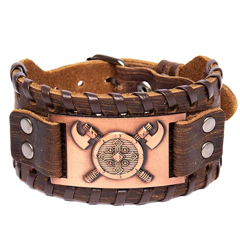 Vintage Vikingo Doble Hacha Escudo Totem Pulsera de Cuero Hombres Retro Punk Ancho Pulsera Trenzada Joyería Punk Wrap