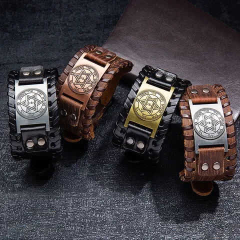 Nórdico Vintage Vikingo Pentagrama Pulsera de Cuero Hombres Punk Runa Thor Símbolo de Suerte Ancho Tejido Joyería