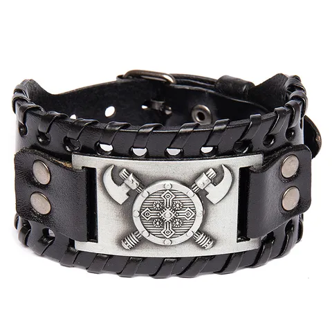Vintage Vikingo Doble Hacha Escudo Totem Pulsera de Cuero Hombres Retro Punk Ancho Pulsera Trenzada Joyería Punk Wrap