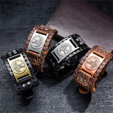 Vintage Nórdico Vikingo Martillo de Thor Runa Pulsera de Cuero Ancha Punk Hombre Retro Muñequera Joya Gótica Regalo
