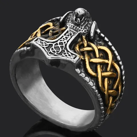 Men's Vintage Viking Thor Hammer Wolf Head Ring Stainless Steel Rune Retro Statement Jewelry Finger Ring