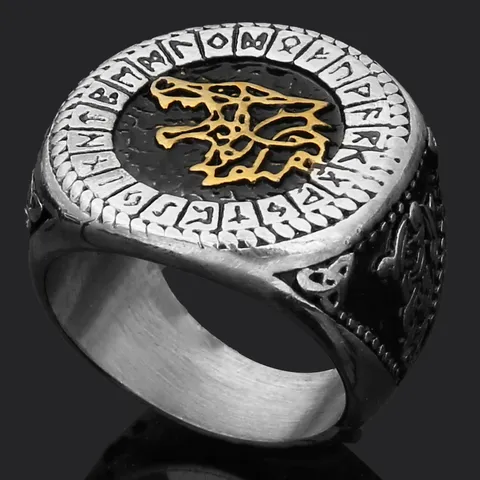 Anillo Retro Vikingo Martillo de Thor Cabeza de Lobo para Hombre Acero de Titanio Vintage Runa Joyería