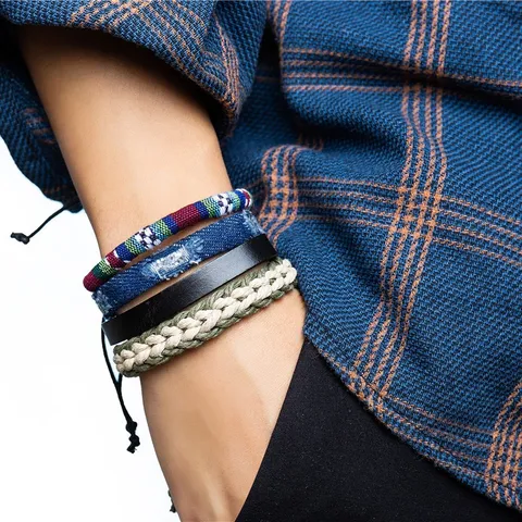 Conjunto de Pulseras Tejiendo de Cuero Multicapa Bohemio Hecho a Mano Vintage Étnico Cuentas de Madera Cuerda de Cera para Hombres Mujeres Joyería