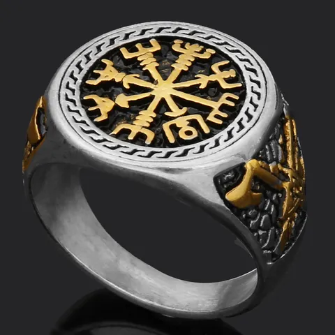 Hombres Vintage Acero de Titanio Vikingo Runa Cabeza de Lobo Anillo Retro Amuleto Nórdico Moda Punk Joya de Dedo Regalo