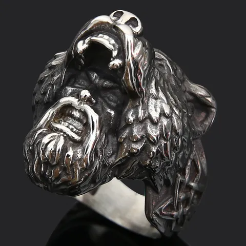 Anillo de Cabeza de Lobo Martillo de Thor Vikingo Hombre Vintage Rune Acero de Titanio Anillo Punk Rock Joya Regalo