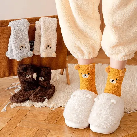 Damen Winter Verdickt Korallenfleece Süß Cartoon Bär 3D Ohren Wadenlange Schlaf Boden Socken Zuhause Warm Weich Socken