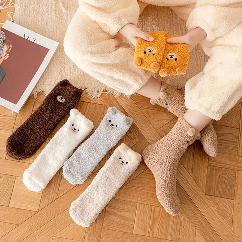 Damen Winter Verdickt Korallenfleece Süß Cartoon Bär 3D Ohren Wadenlange Schlaf Boden Socken Zuhause Warm Weich Socken