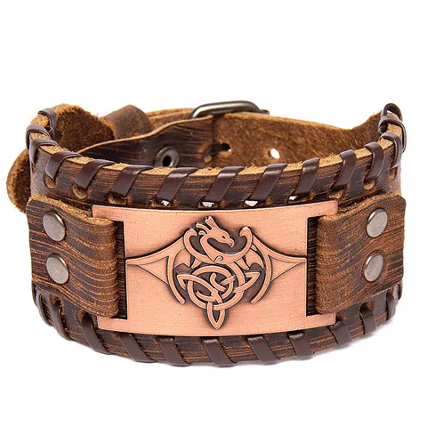 Vintage Viking Pulsera de Cuero Ancho Hombre Punk Trenzada Multicapa Dragón Nudo Celta Aleación Joya