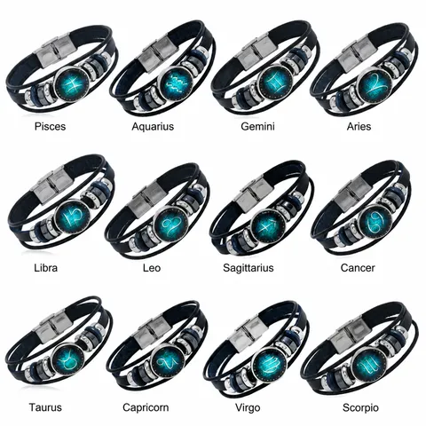 Pulsera de Zodiaco de Cuero Trenzado Multicapa Vintage Para Hombres Mujeres Cierre Punk Joyería de Moda