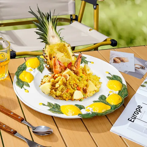 Noordse Creatieve Citroen in Reliëf Keramisch Dinerbord Grote Vrucht Salade Schaal Huishoudelijk Servies Restaurant Serveerblad