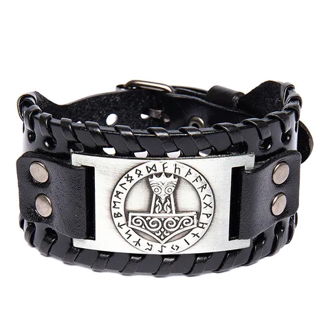 Vintage Nórdico Vikingo Martillo de Thor Runa Pulsera de Cuero Ancha Punk Hombre Retro Muñequera Joya Gótica Regalo