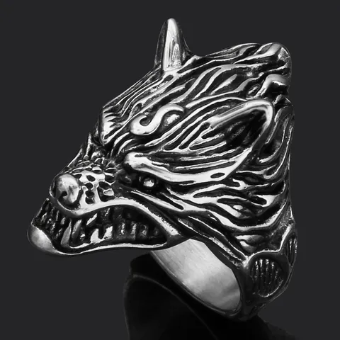 Anillo Retro de Cabeza de Lobo Vikingo de Acero Inoxidable Vintage Animal Banda Gótica Punk Rock Joyería para Hombres