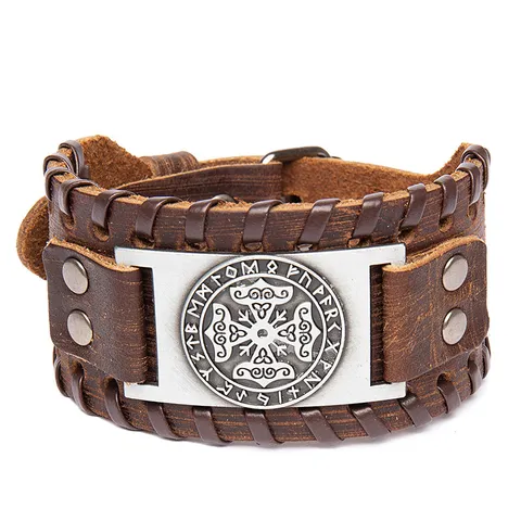 Pulsera de Cuero Ancha Vintage para Hombres Retro Tejida Nudo Irlandés Runa Aleación Brazalete Estilo Punk Rock Joyería de Moda Regalo