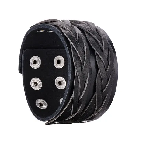 Retro Punk Wide Leather Bracelet For Men Women Adjustable Metal Snap Woven Wrap Cuff Bangle Casual Fashion Jewelry