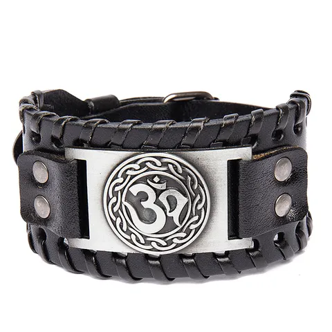 Pulsera de Cuero de Vaca Trenzada Retro para Hombres Joya de Muñeca con Colgante de Metal Vikingo Nórdico