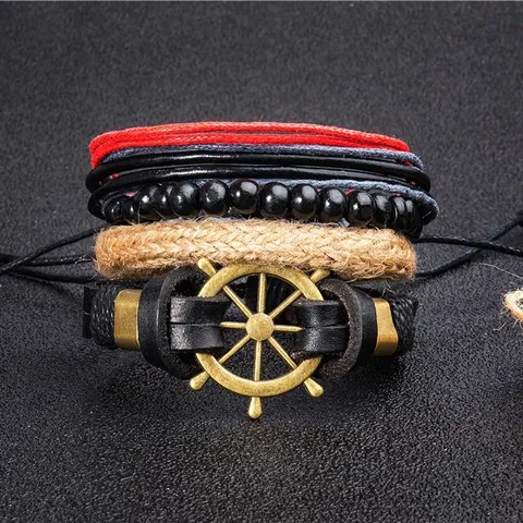 Pulsera De Cuerda De Cuero Trenzada Multicapa Hecha A Mano Encanto De Timón De Metal Estilo Náutico Regalo De Joyería De Pareja