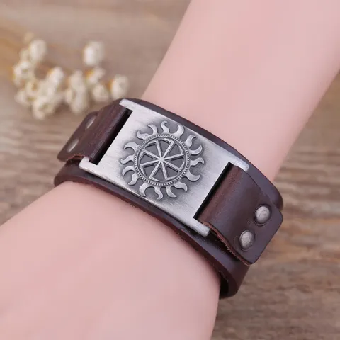 Viking Punk Leather Bracelet Retro Flame Wheel Alloy Bangles Mens Gothic Wide Wristband Rock Jewelry Gift
