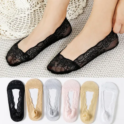 Damen Sommer Dünne Spitze Pfauenfeder Boot Socken Unsichtbar Low-Cut Rutschfeste Atmungsaktive Einifarbige Baumwollsocken