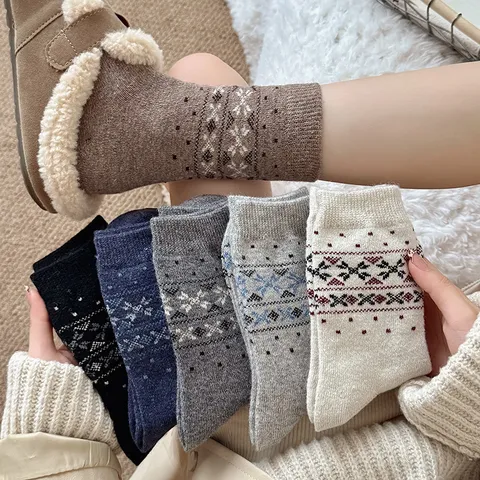 Damen Winter Verdickt Warm Wollmischung Crew Socken Fair Isle Vintage Geometrisches Muster Slouch Socken Tägliche Kleidung