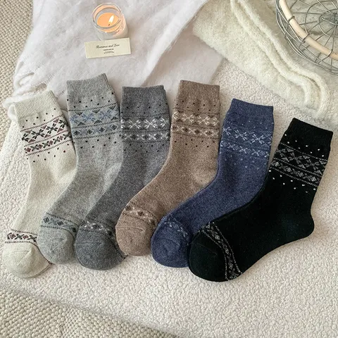 Damen Winter Verdickt Warm Wollmischung Crew Socken Fair Isle Vintage Geometrisches Muster Slouch Socken Tägliche Kleidung
