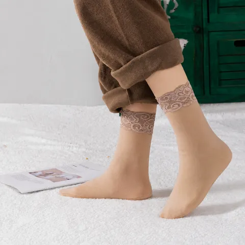 Damen Thermische Deutscher Samt Lange Socken Herbst Winter Verdickte Fleecegefütterte Spitzenbesatz Süße Gemütliche Hohe Strümpfe