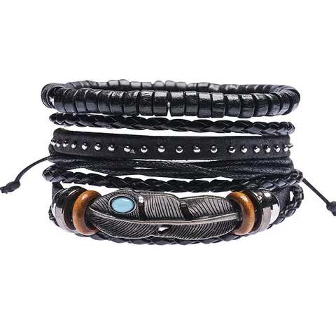 Ensemble de Bracelets en Cuir Multicouche Plume Alliage Perle en Bois Boho Bracelet Multipièce Bijou Cadeau Pour Unisexe