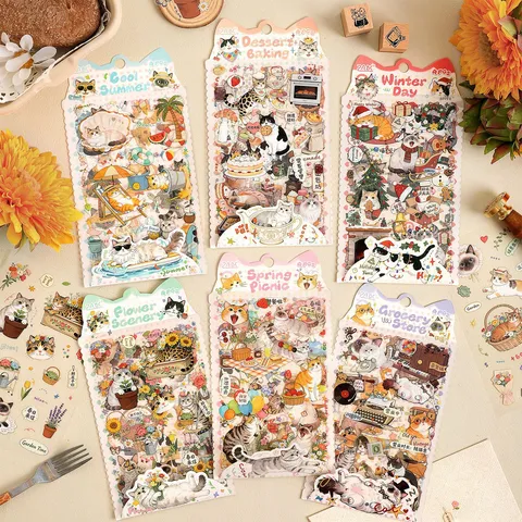 Cartoon Cat Waterproof PET Stickers For Hand Ledger Scrapbooking DIY Decorative Stickers Creative Journaling Stationery