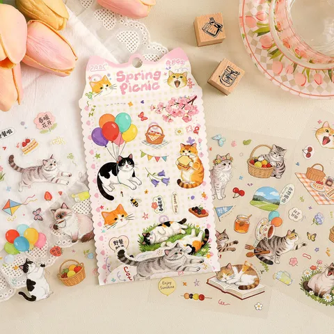 Cartoon Cat Waterproof PET Stickers For Hand Ledger Scrapbooking DIY Decorative Stickers Creative Journaling Stationery
