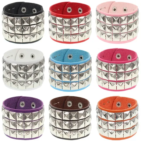 Pulsera de Cuero con Remaches Punk Apilable Multihilera Tachuelas Piramidales de Metal Joyería de Moda