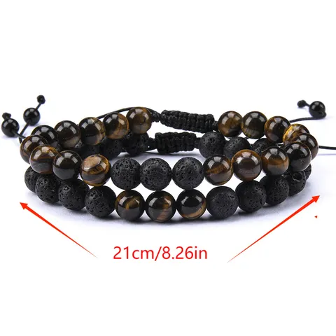 Pulsera Ajustable Trenzada con Cuentas de Piedra Natural Ojo de Tigre y Roca Volcánica Joyería de Moda