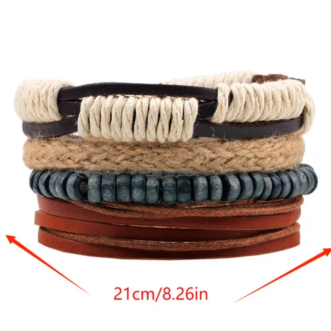 Vintage Multicapa Cuero Cuerda De Cáñamo Cuenta De Madera Pulsera Tejida Set Boho Casual Joyería Regalo