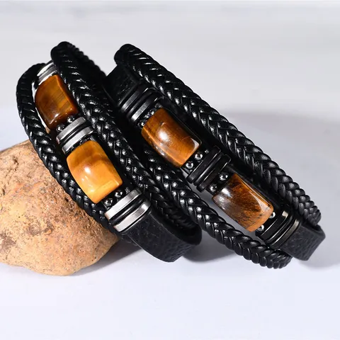 Pulsera de Cuero Tejido Multicapa para Hombre con Piedra Ojo de Tigre Cierre Magnético de Acero Inoxidable Joyería