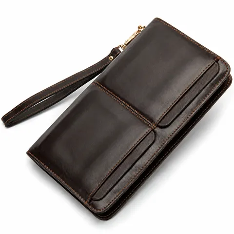 Cartera Larga de Cuero Genuino para Hombre Negocios Bolsillo Doble Bolso de Mano Múltiples Ranuras para Tarjetas Correa de Muñeca Monedero Retro
