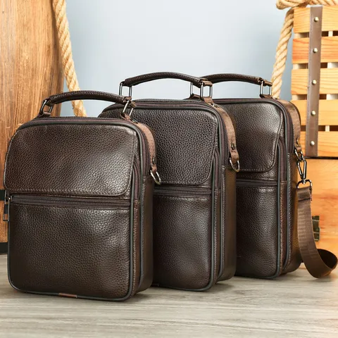 Bolso Bandolera de Cuero Verdadero para Hombre Vintage Business Crossbody Bolso de Gran Capacidad Messenger Bag