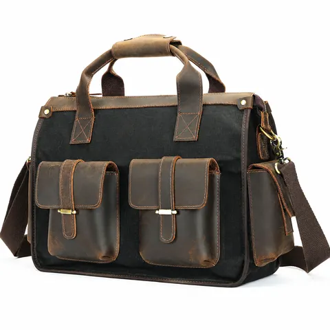 Ventiquattrore Vintage in Pelle e Tela da Uomo Impermeabile Borsa Porta PC da Lavoro Grande Capacità Borsa a Tracolla Casual Per Lavoro Viaggio