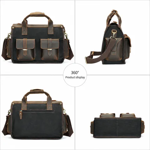 Ventiquattrore Vintage in Pelle e Tela da Uomo Impermeabile Borsa Porta PC da Lavoro Grande Capacità Borsa a Tracolla Casual Per Lavoro Viaggio