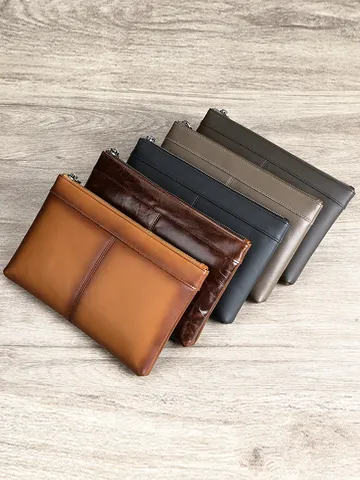 Vintage Zakelijke Koeienhuid Heren Clutch Tas Slijtvaste Rits Casual Pols Portemonnee Grote Capaciteit Handtas