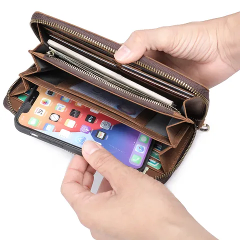 Mens Vintage Genuine Leather Clutch Bag Business Casual Large Capacity Envelope Bag Waterproof Handbag With Wrist Strap