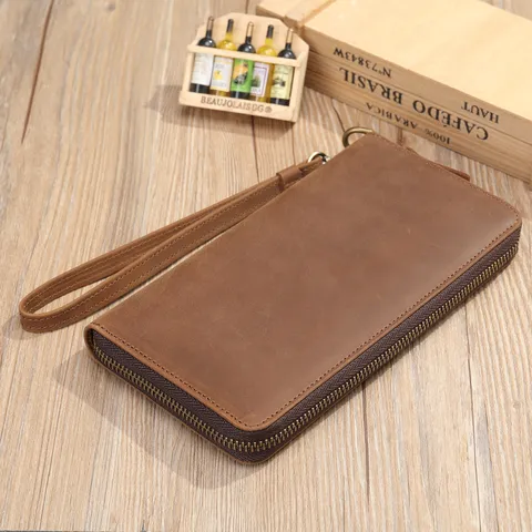 Mens Vintage Genuine Leather Clutch Bag Business Casual Large Capacity Envelope Bag Waterproof Handbag With Wrist Strap