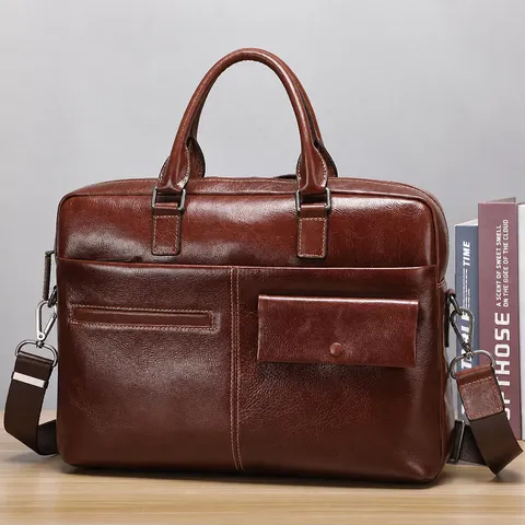 Mallette en Cuir Véritable pour Hommes Grande Capacité Vintage Sac d'Ordinateur d'Affaires Sac à Main Décontracté Sac Bandoulière