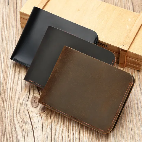 Cartera Corta de Cuero Genuino para Hombre Vintage Cuero de Vacuno Crazy Horse Bifold Monedero Tarjetero Negocios RFID