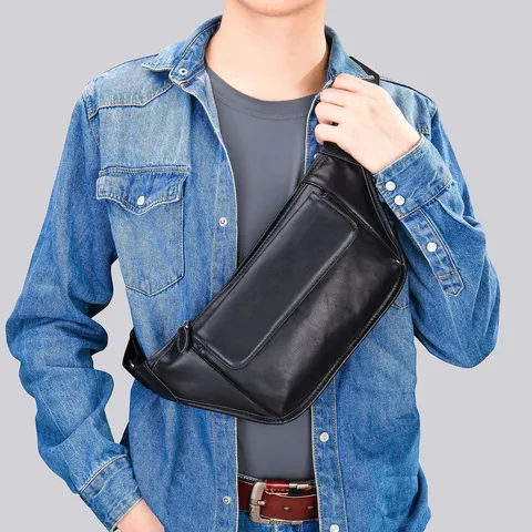 Mens Genuine Leather Chest Bag Waterproof Wear Resistant Casual Crossbody Bag Large Capacity Business Shoulder Bag