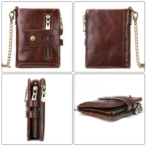 Portafoglio Corto in Vera Pelle Anti-RFID da Uomo Vintage Bifold Portacarte Tasca Portamonete Con Catena