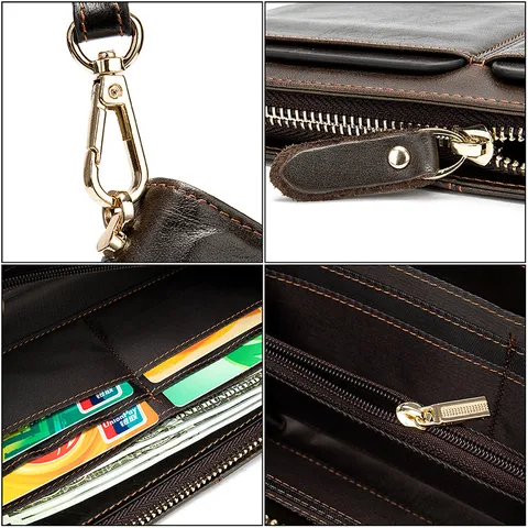 Cartera Larga de Cuero Genuino para Hombre Negocios Bolsillo Doble Bolso de Mano Múltiples Ranuras para Tarjetas Correa de Muñeca Monedero Retro