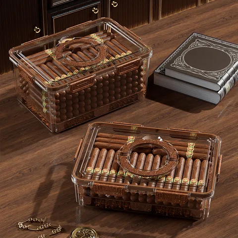 Transparent Plastic Cigar Humidor Box Sealed Portable Storage Container with Humidifier and Hygrometer